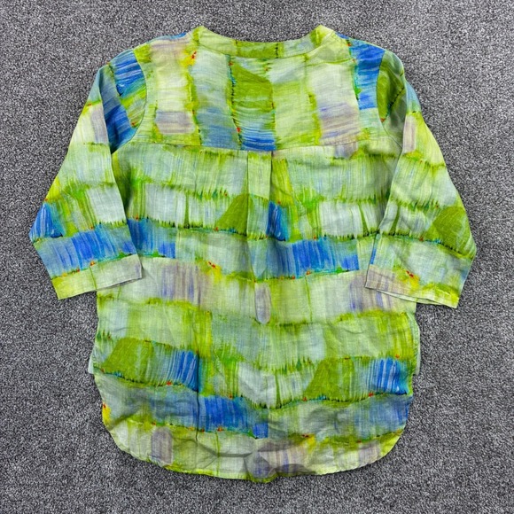 APNY Shirt Women's Large Green Blue 100% Linen Abstract Watercolor Tunic Blouse - Picture 6 of 7